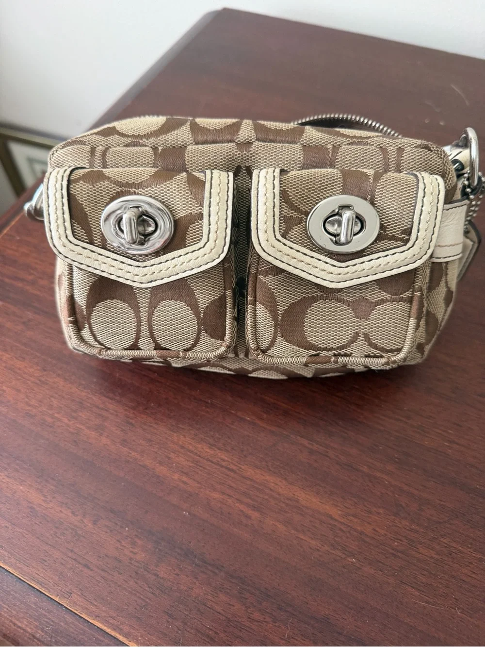 Vintage Coach Mini Signature Canvas Double-Pocket Crossbody in Brown and Cream